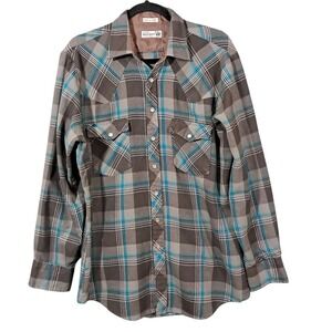 VTG Roebucks Shirt Men Large Brown Turquoise Plaid Pearl Snap Western Cowboy 70s